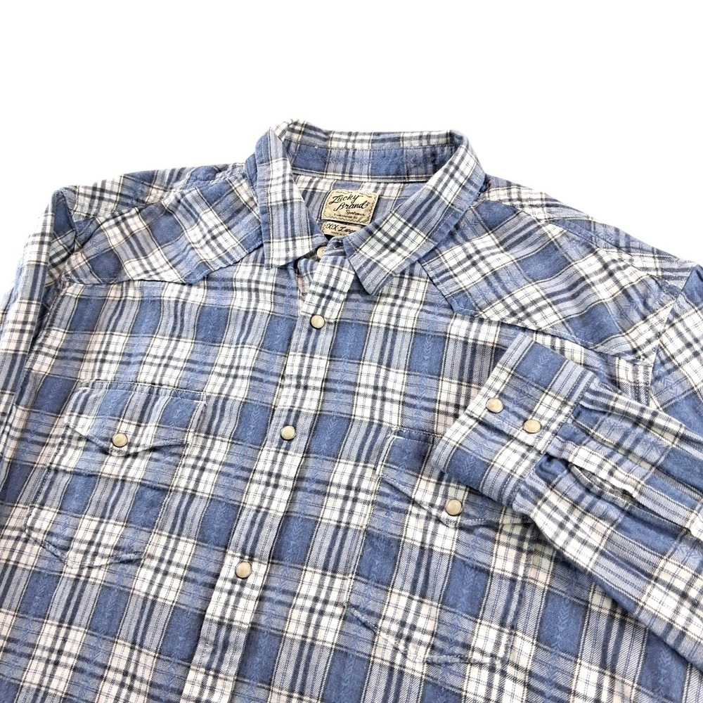 Lucky Brand Western Shirt Mens XXL Blue Plaid Pearl Snap Long Sleeve Cotton